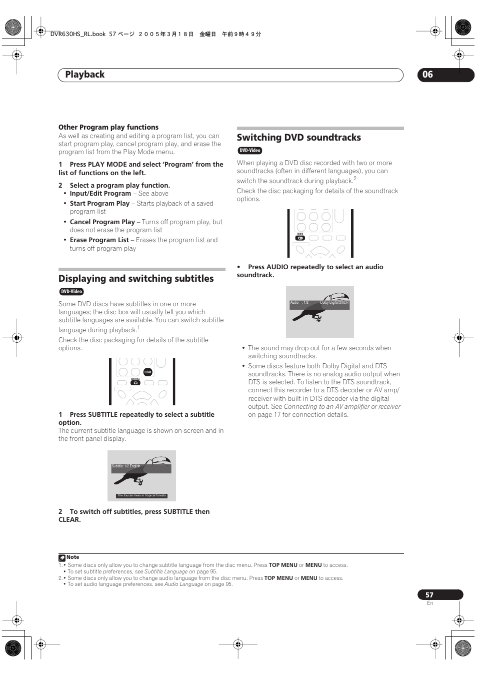 Displaying and switching subtitles, Switching dvd soundtracks, Playback 06 | Pioneer DVR-630H-S User Manual | Page 57 / 118