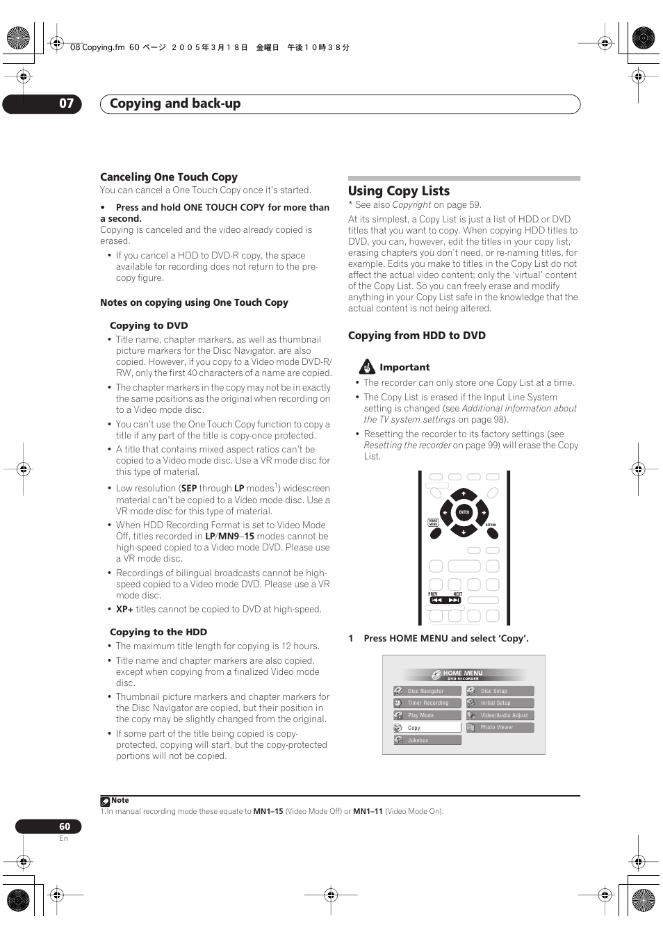 Using copy lists, Copying and back-up 07, Canceling one touch copy | Copying from hdd to dvd | Pioneer DVR-630H-S User Manual | Page 60 / 118