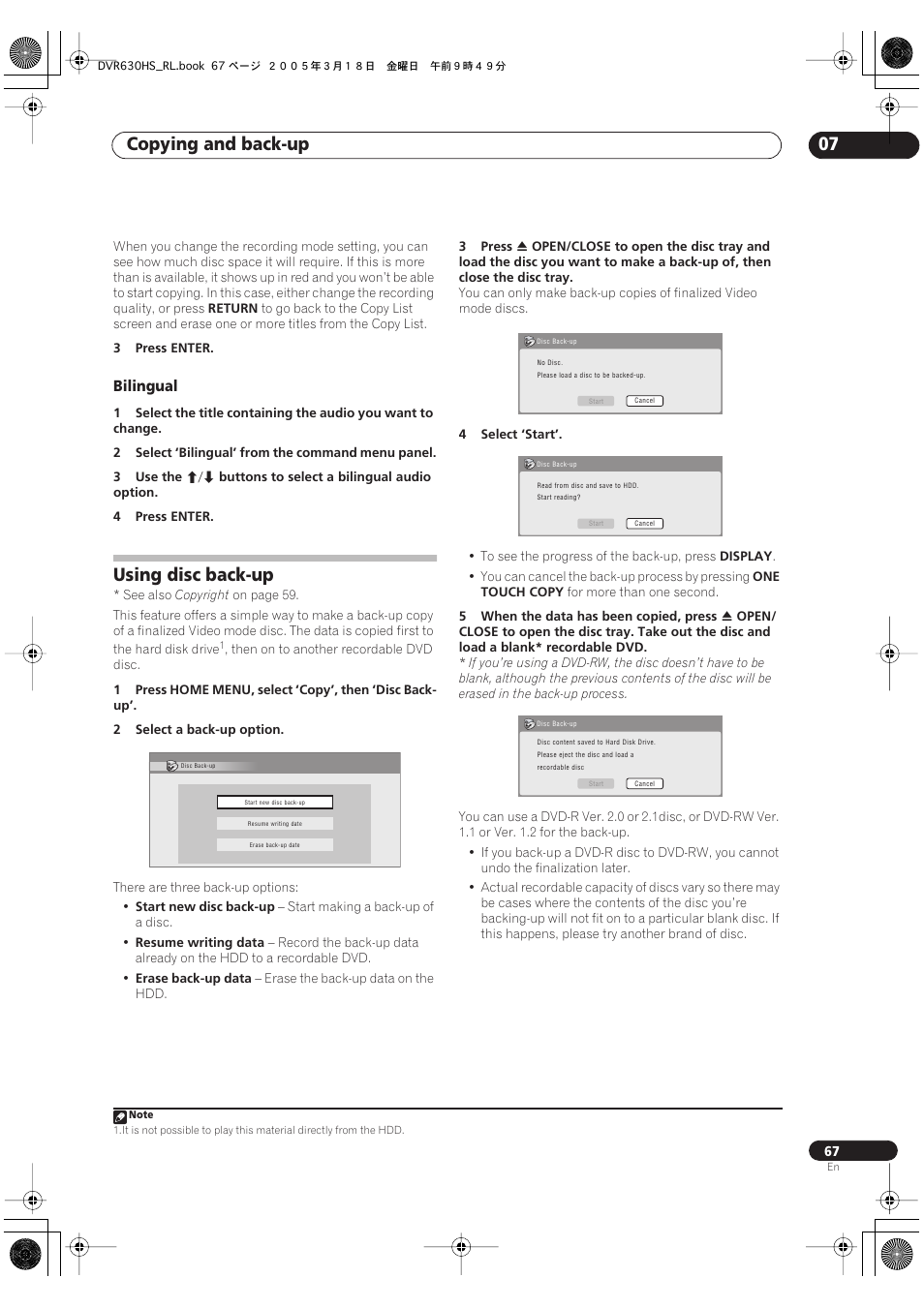 Using disc back-up, Copying and back-up 07, Bilingual | Pioneer DVR-630H-S User Manual | Page 67 / 118