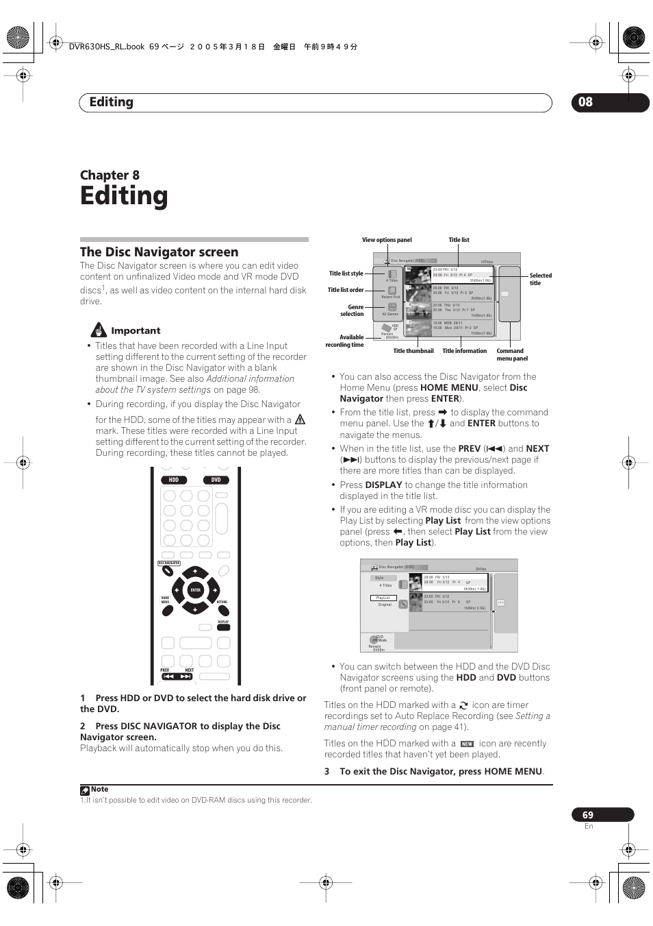 08 editing, The disc navigator screen, Editing | Editing 08, Chapter 8 | Pioneer DVR-630H-S User Manual | Page 69 / 118