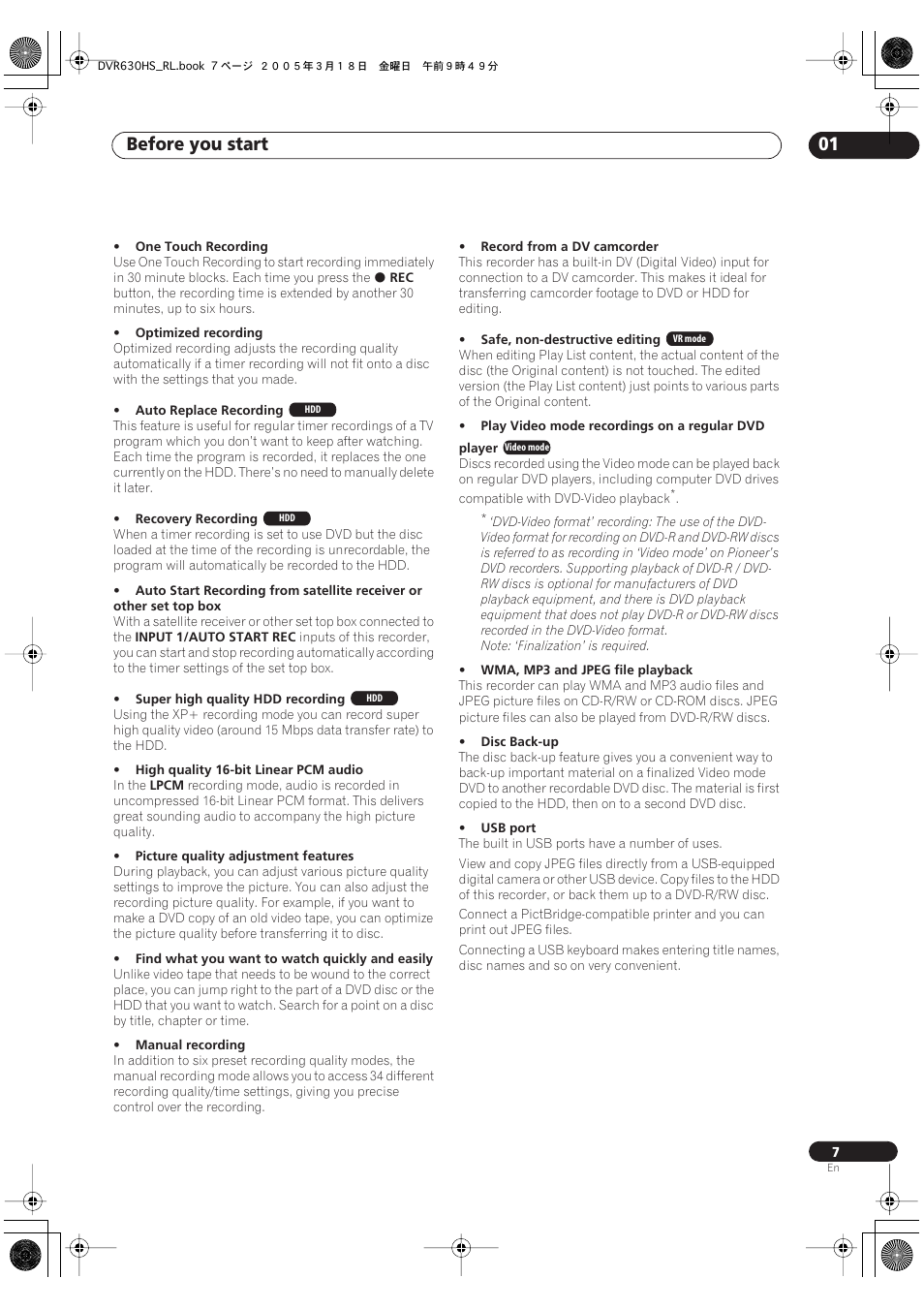 Before you start 01 | Pioneer DVR-630H-S User Manual | Page 7 / 118