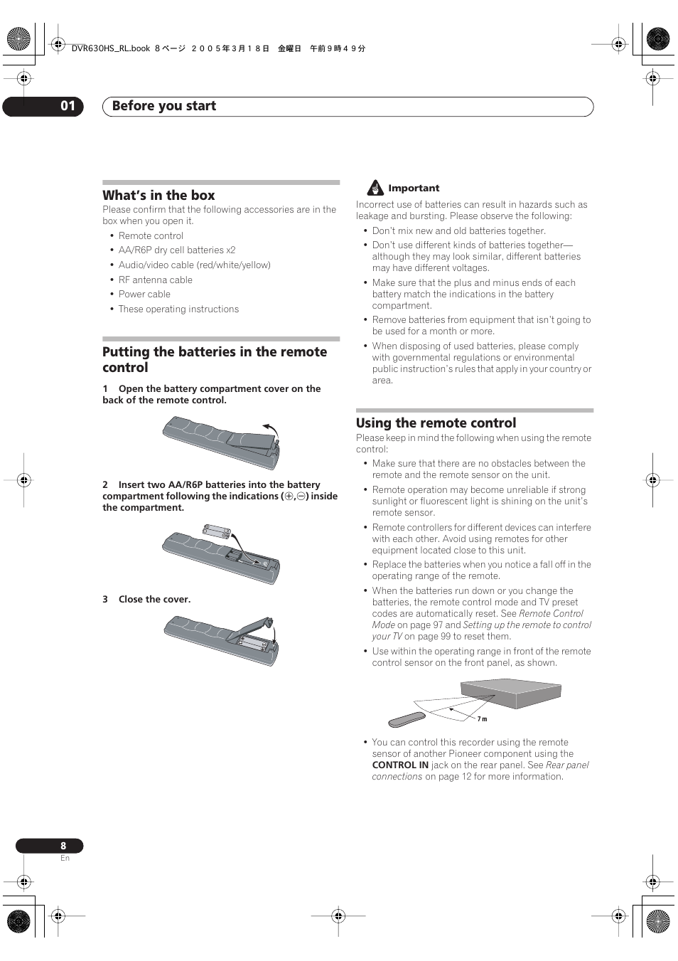 What’s in the box, Putting the batteries in the remote control, Using the remote control | Before you start 01 | Pioneer DVR-630H-S User Manual | Page 8 / 118