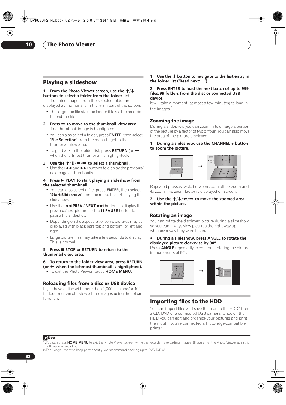 Playing a slideshow, Importing files to the hdd, The photo viewer 10 | Pioneer DVR-630H-S User Manual | Page 82 / 118