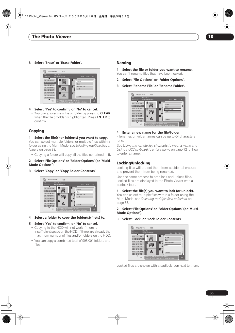The photo viewer 10, Copying, Naming | Locking/unlocking, You can also erase a file or folder by pressing, Clear, When the file or folder is highlighted. press, Enter, 1select the file(s) or folder(s) you want to copy, Selecting multiple files or folders | Pioneer DVR-630H-S User Manual | Page 85 / 118