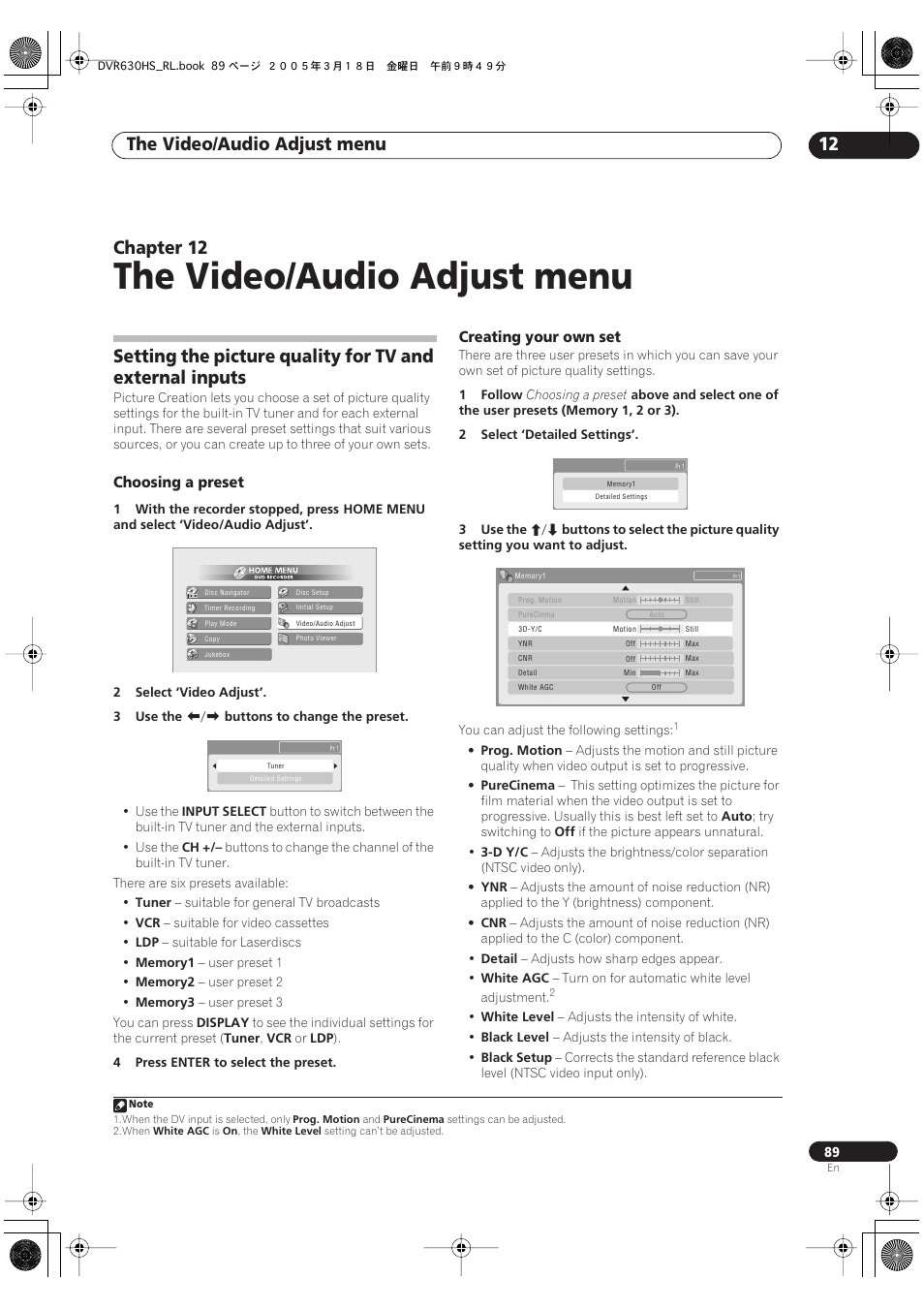 12 the video/audio adjust menu, The video/audio adjust menu, The video/audio adjust menu 12 | Chapter 12, Choosing a preset, Creating your own set | Pioneer DVR-630H-S User Manual | Page 89 / 118