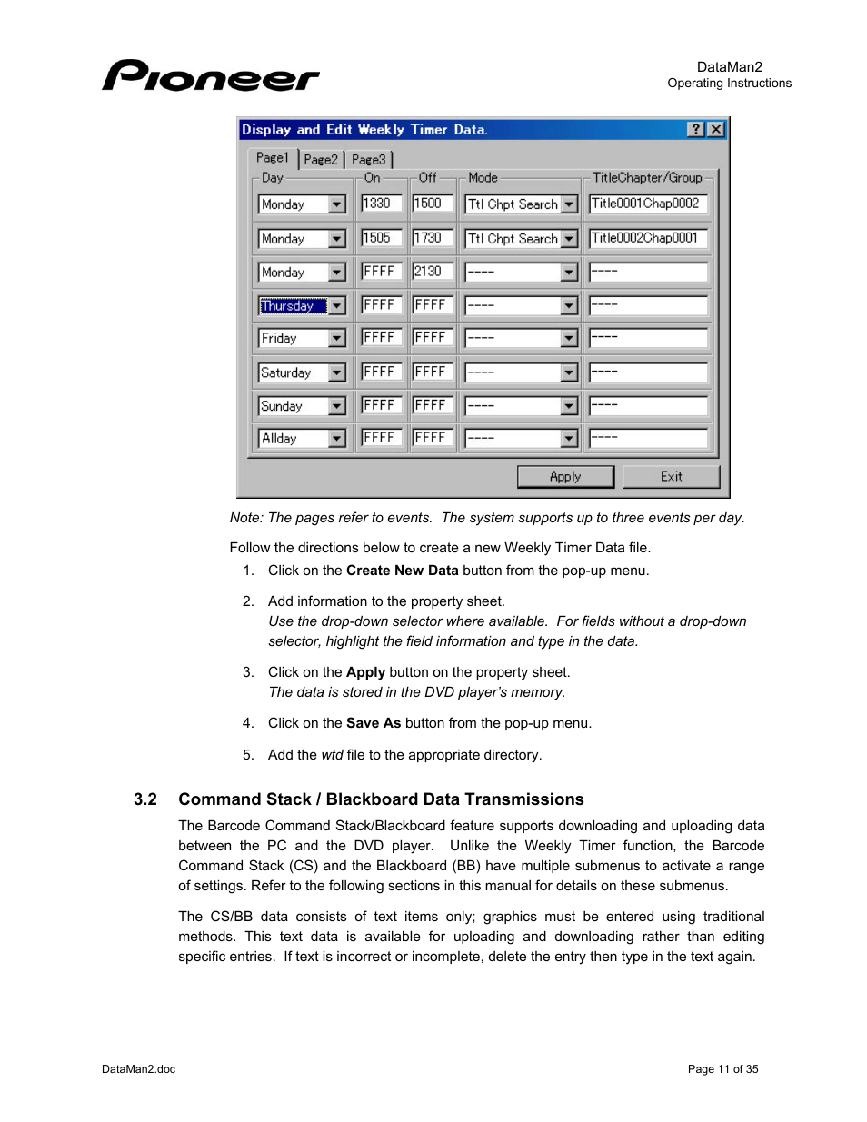 2command stack / blackboard data transmissions, Command stack / blackboard data transmissions | Pioneer DataMan2 DVD-V7400 User Manual | Page 14 / 39