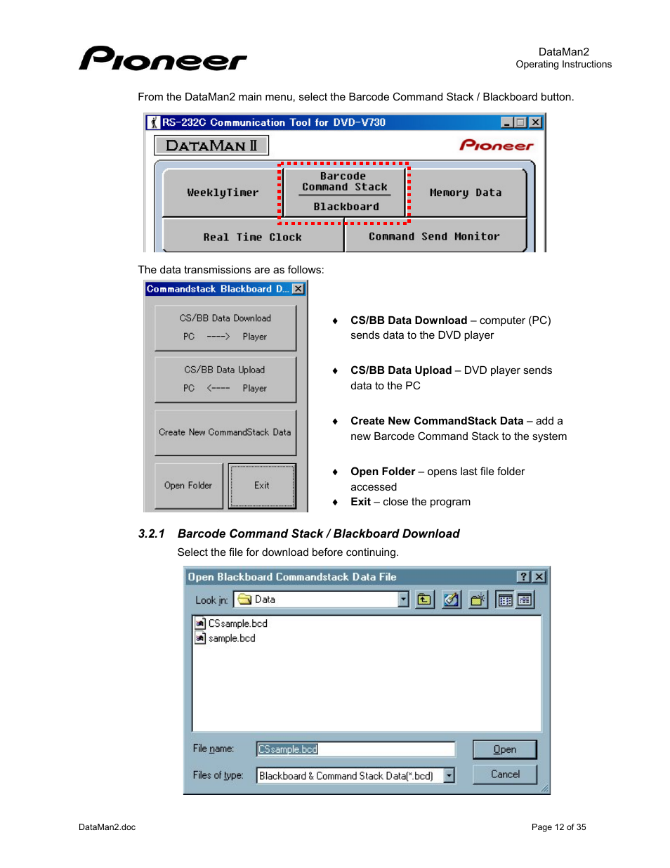 1barcode command stack / blackboard download, Barcode command stack / blackboard download | Pioneer DataMan2 DVD-V7400 User Manual | Page 15 / 39