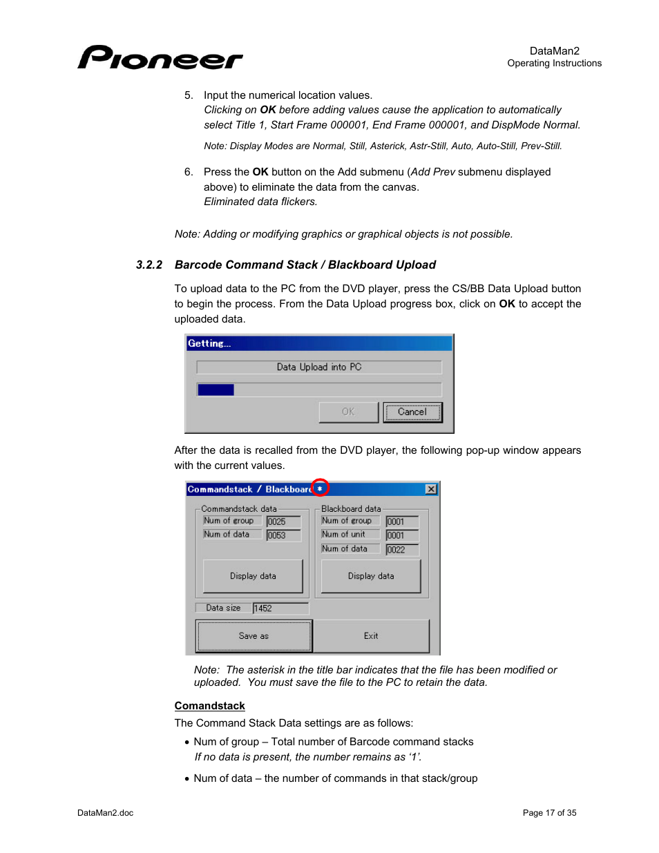 2barcode command stack / blackboard upload, Barcode command stack / blackboard upload | Pioneer DataMan2 DVD-V7400 User Manual | Page 20 / 39