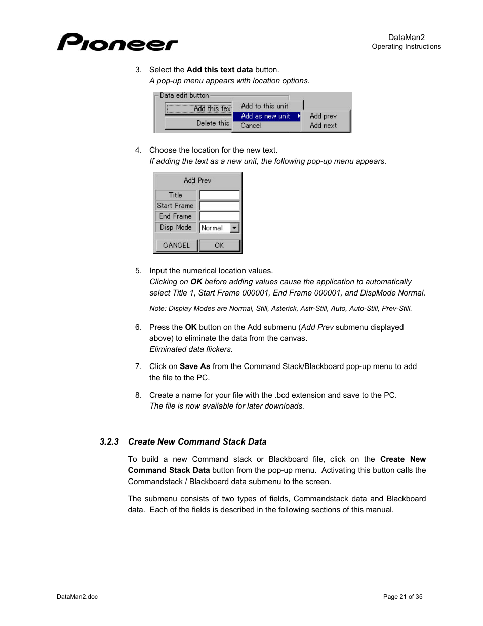 3create new command stack data, Create new command stack data | Pioneer DataMan2 DVD-V7400 User Manual | Page 24 / 39