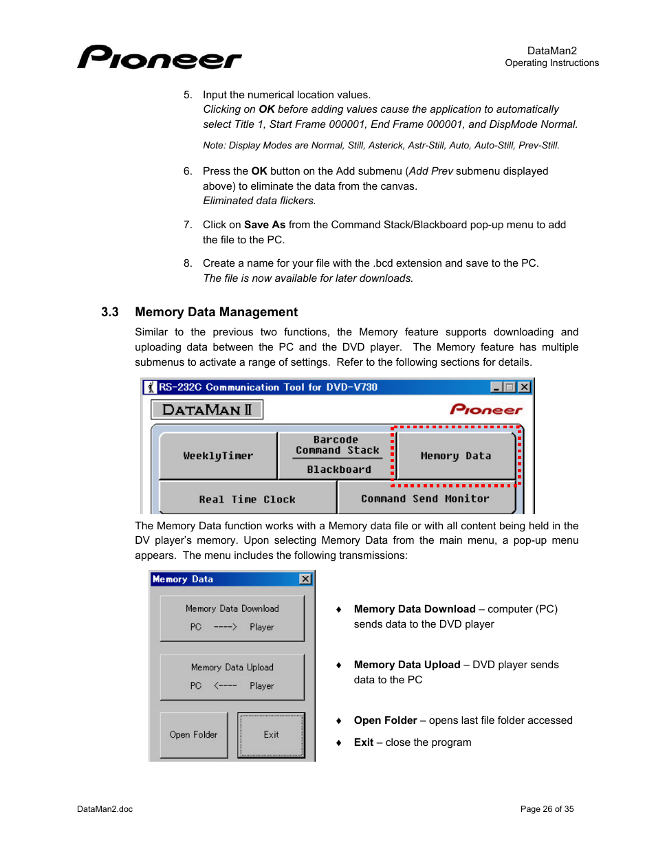 3memory data management, Memory data management | Pioneer DataMan2 DVD-V7400 User Manual | Page 29 / 39