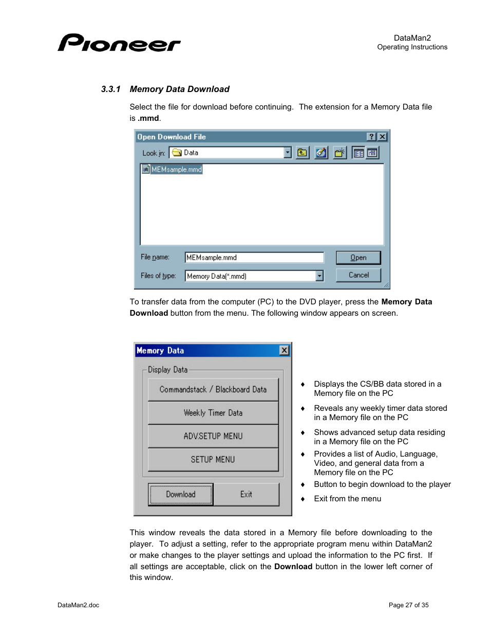 1memory data download, Memory data download | Pioneer DataMan2 DVD-V7400 User Manual | Page 30 / 39