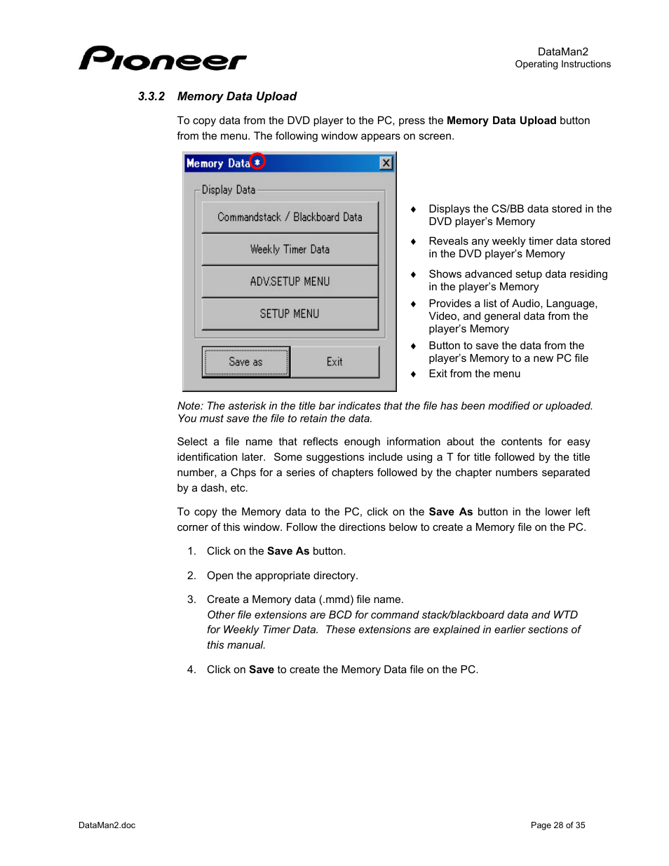 2memory data upload, Memory data upload | Pioneer DataMan2 DVD-V7400 User Manual | Page 31 / 39