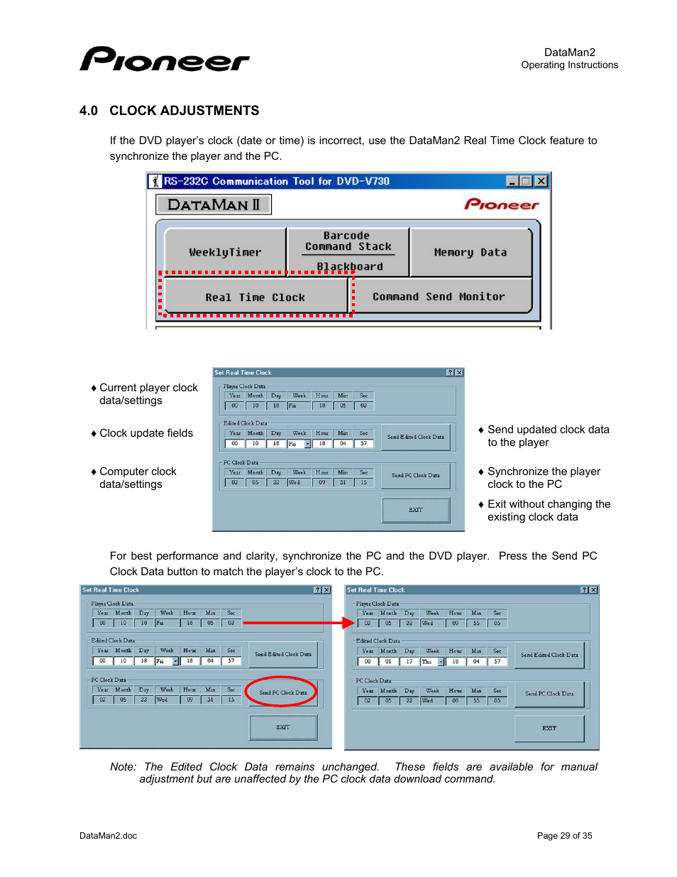 0clock adjustments, Lock, Djustments | Pioneer DataMan2 DVD-V7400 User Manual | Page 32 / 39