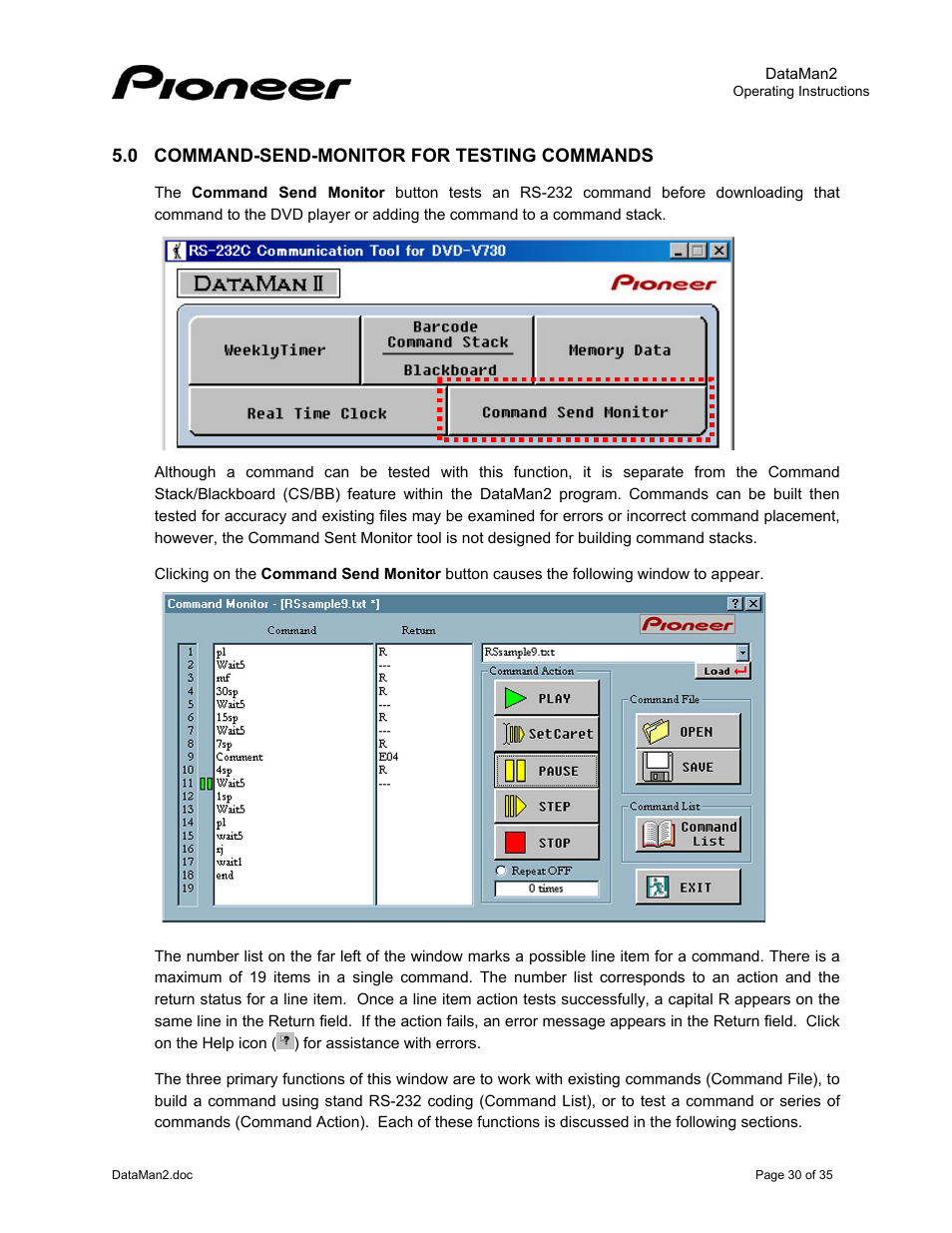 0command-send-monitor for testing commands, Ommand, Onitor for testing commands | Pioneer DataMan2 DVD-V7400 User Manual | Page 33 / 39