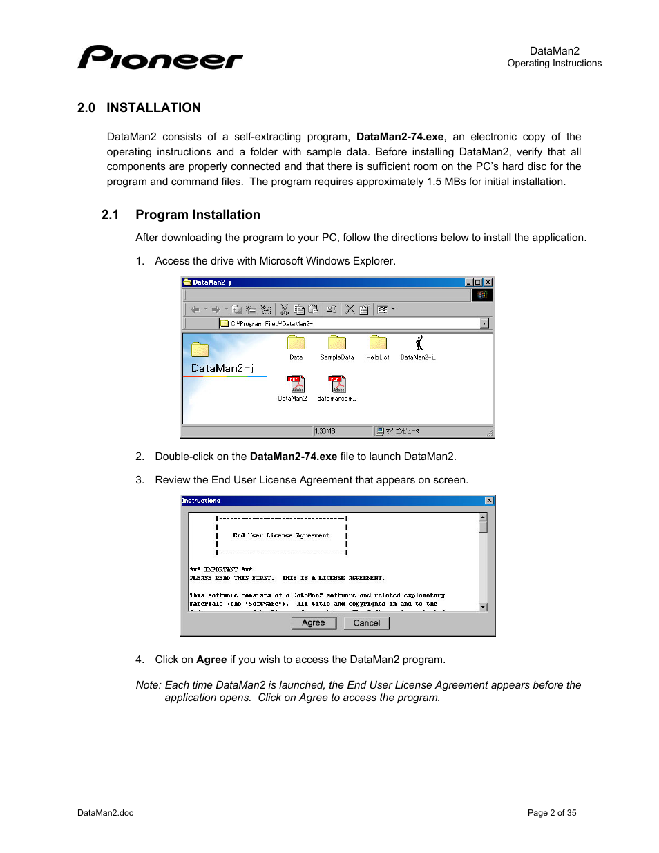 0installation, 1program installation, Nstallation | 1 program, Installation | Pioneer DataMan2 DVD-V7400 User Manual | Page 5 / 39