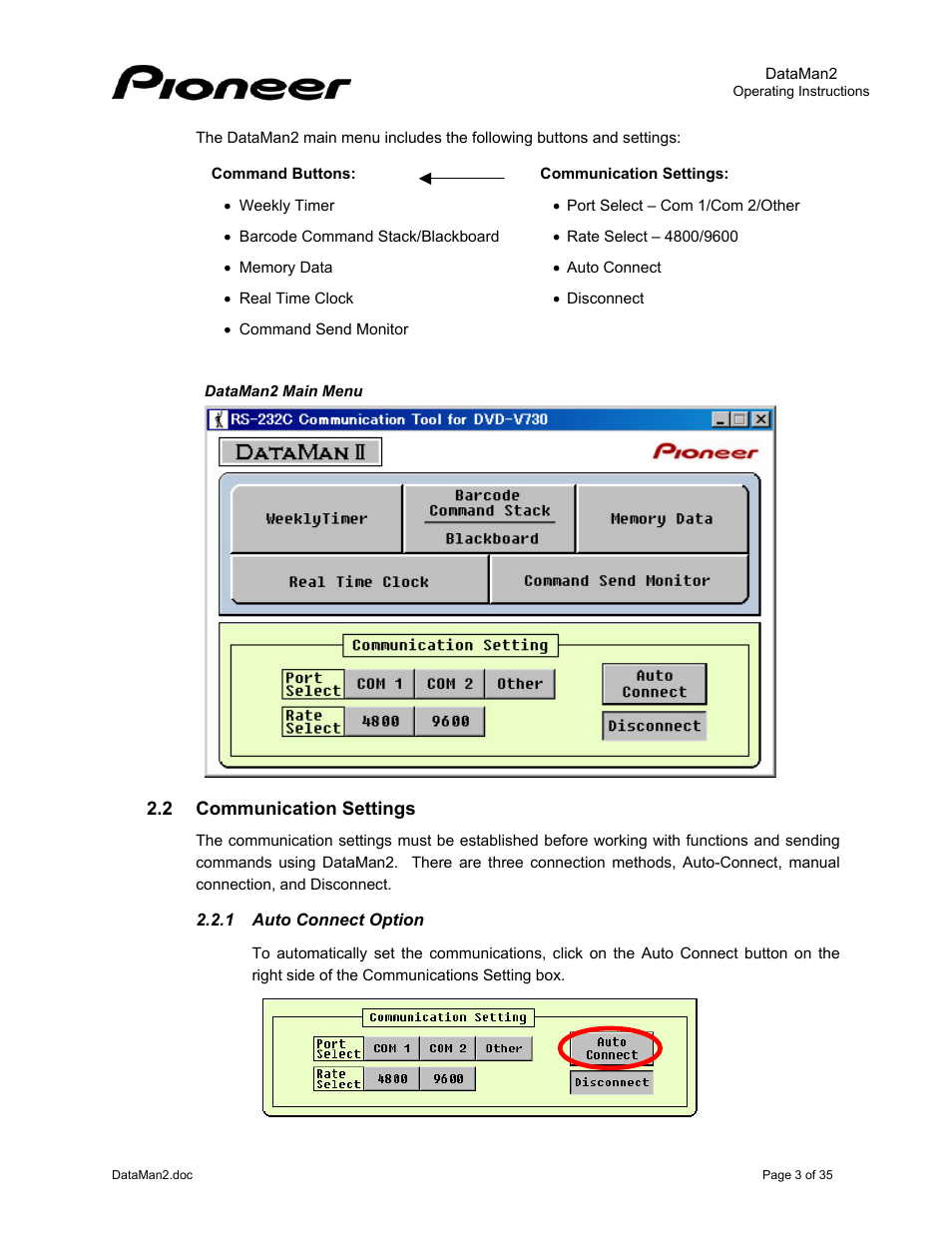 2communication settings, 1auto connect option, 2 communication | Settings, Auto connect option | Pioneer DataMan2 DVD-V7400 User Manual | Page 6 / 39