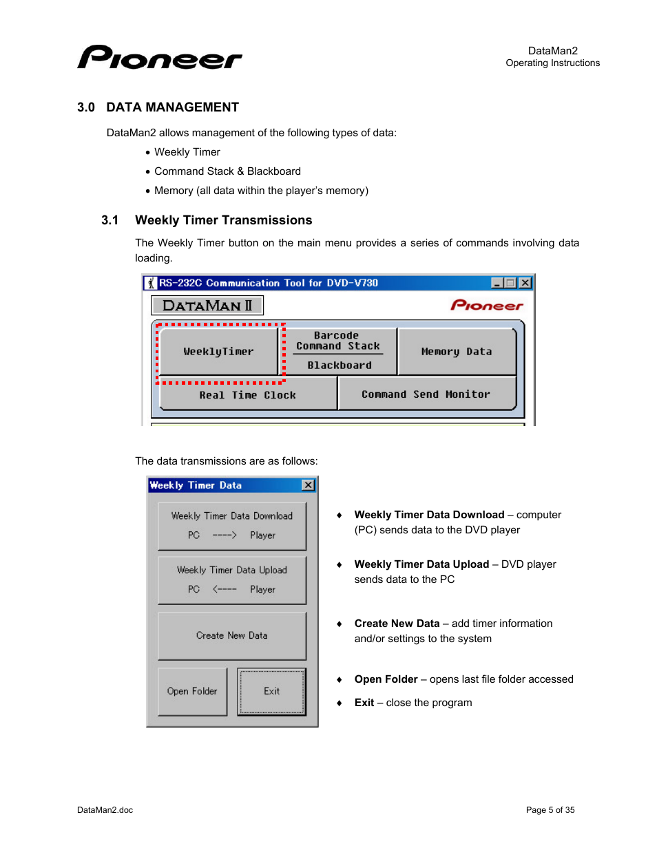 0data management, 1weekly timer transmissions, Anagement | Weekly timer transmissions | Pioneer DataMan2 DVD-V7400 User Manual | Page 8 / 39