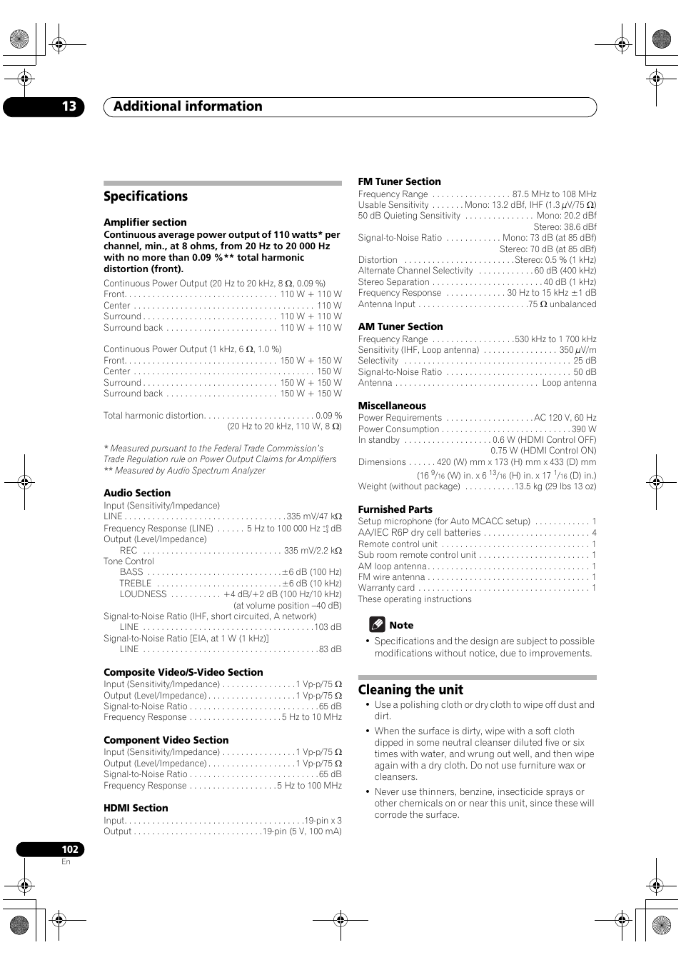 Specifications cleaning the unit, Additional information 13, Specifications | Cleaning the unit | Pioneer Elite VSX-03TXH User Manual | Page 102 / 104