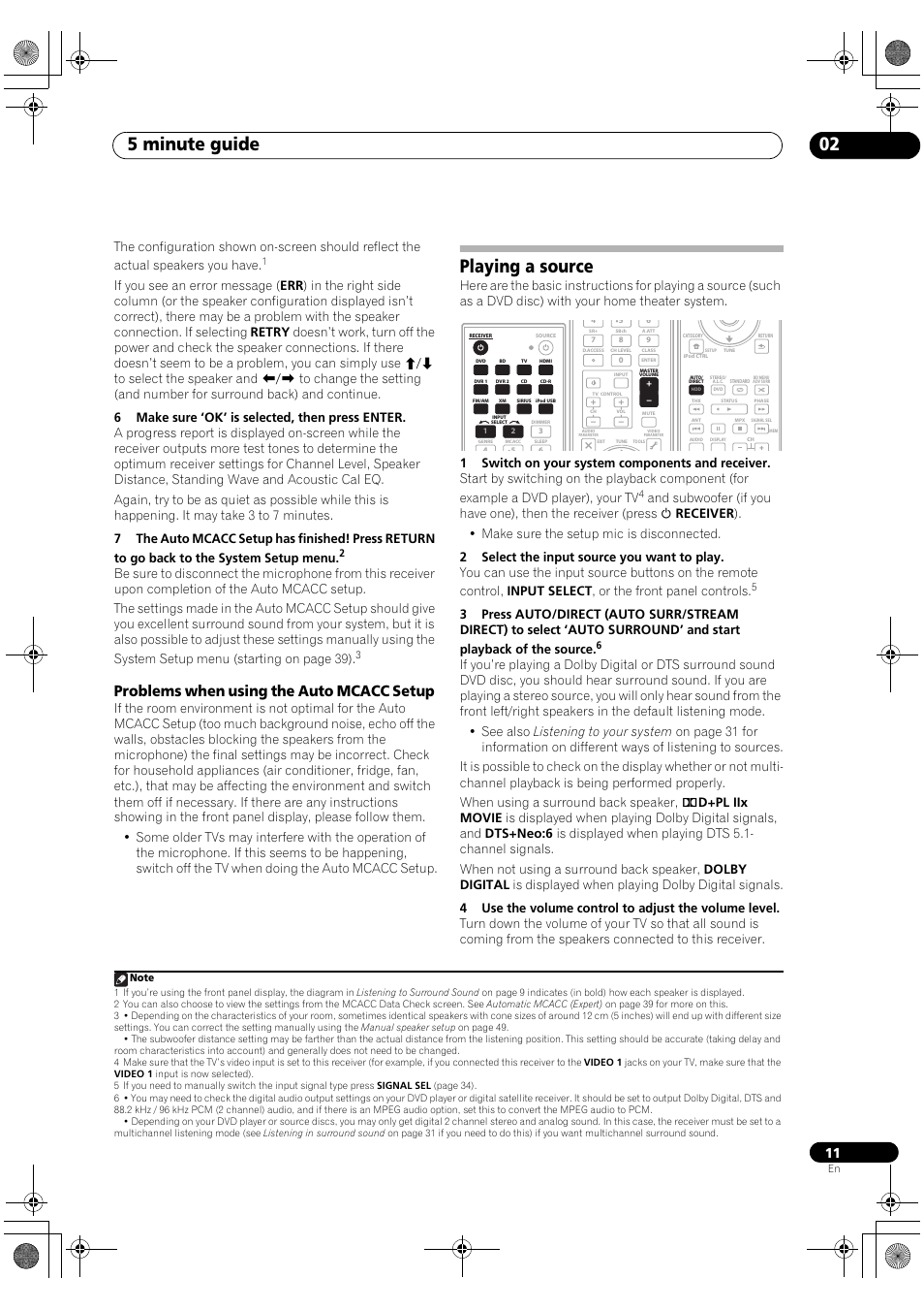 Problems when using the auto mcacc setup, Playing a source, 5 minute guide 02 | Pioneer Elite VSX-03TXH User Manual | Page 11 / 104