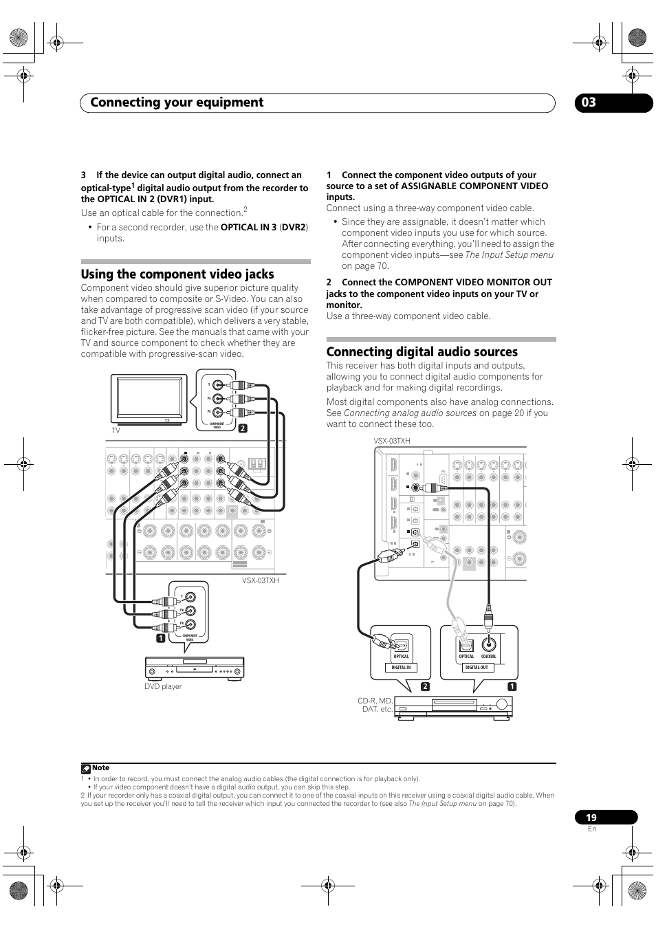 Connecting your equipment 03, Using the component video jacks, Connecting digital audio sources | 21 vsx-03txh tv dvd player | Pioneer Elite VSX-03TXH User Manual | Page 19 / 104