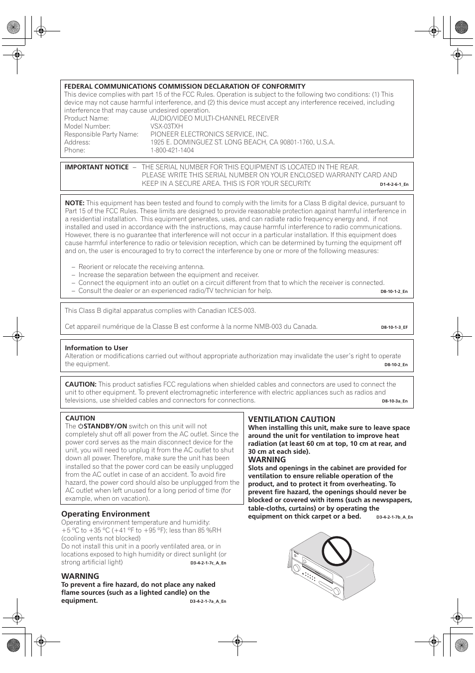 Warning, Ventilation caution, Operating environment | Pioneer Elite VSX-03TXH User Manual | Page 2 / 104