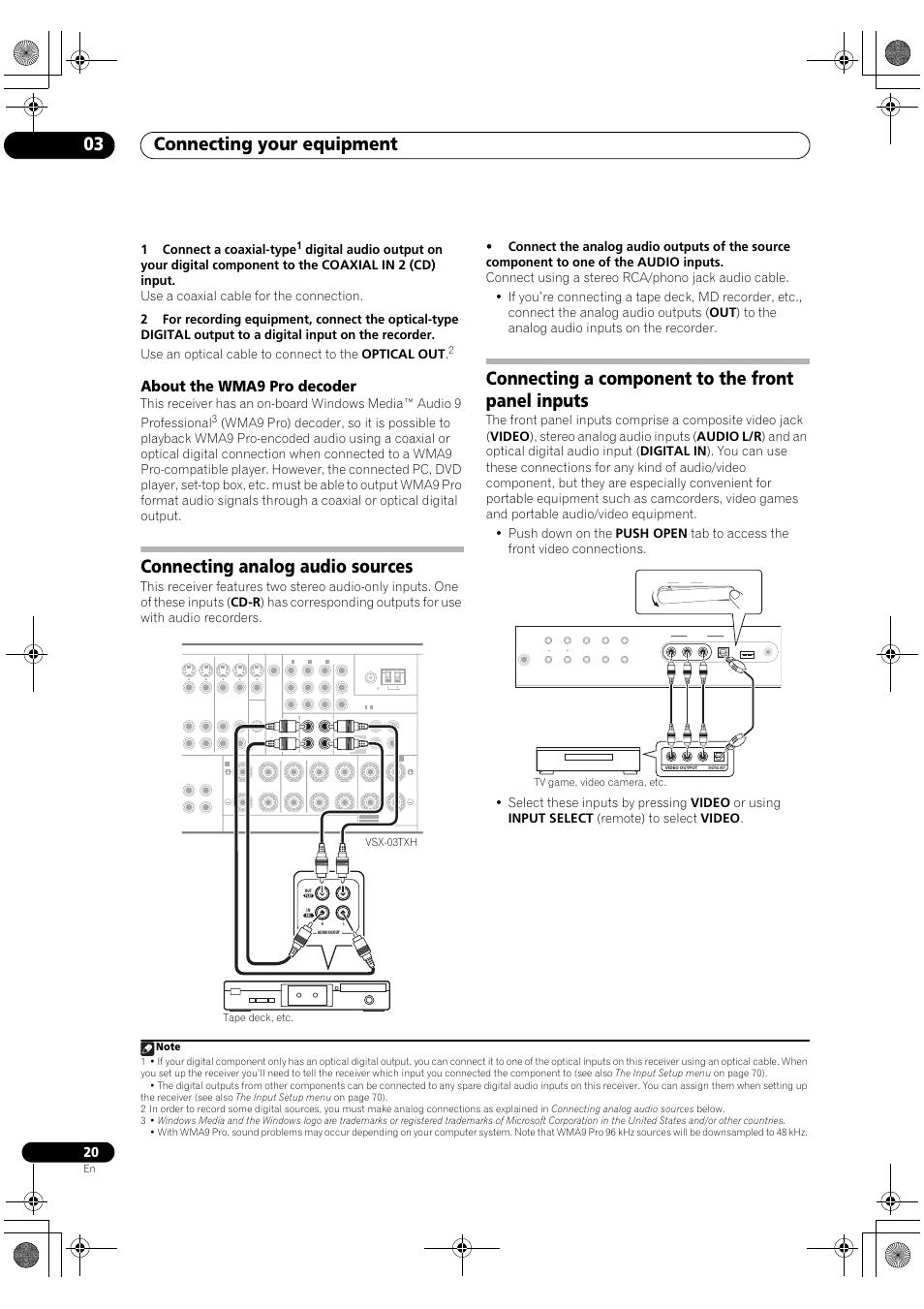 About the wma9 pro decoder, Connecting your equipment 03, Connecting analog audio sources | Connecting a component to the front panel inputs, 1connect a coaxial-type, Vsx-03txh tape deck, etc | Pioneer Elite VSX-03TXH User Manual | Page 20 / 104