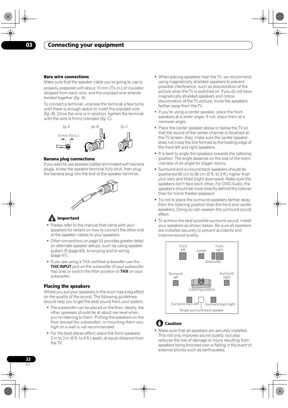 Placing the speakers, Connecting your equipment 03 | Pioneer Elite VSX-03TXH User Manual | Page 22 / 104