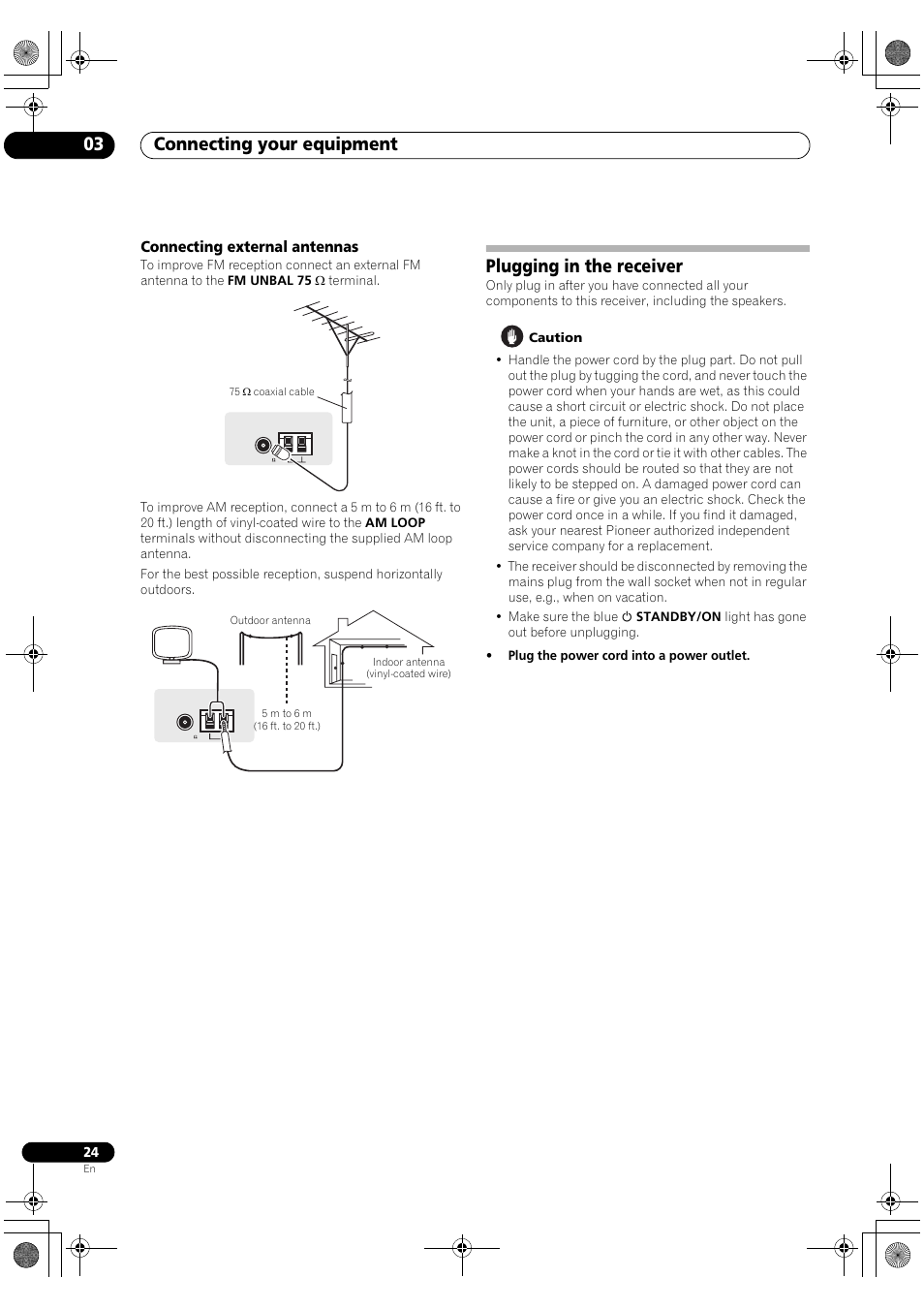 Connecting external antennas, Plugging in the receiver, Connecting your equipment 03 | Pioneer Elite VSX-03TXH User Manual | Page 24 / 104