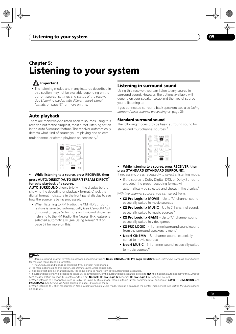 Auto playback listening in surround sound, Standard surround sound, Listening to your system | Listening to your system 05, Chapter 5, Auto playback, Listening in surround sound | Pioneer Elite VSX-03TXH User Manual | Page 31 / 104