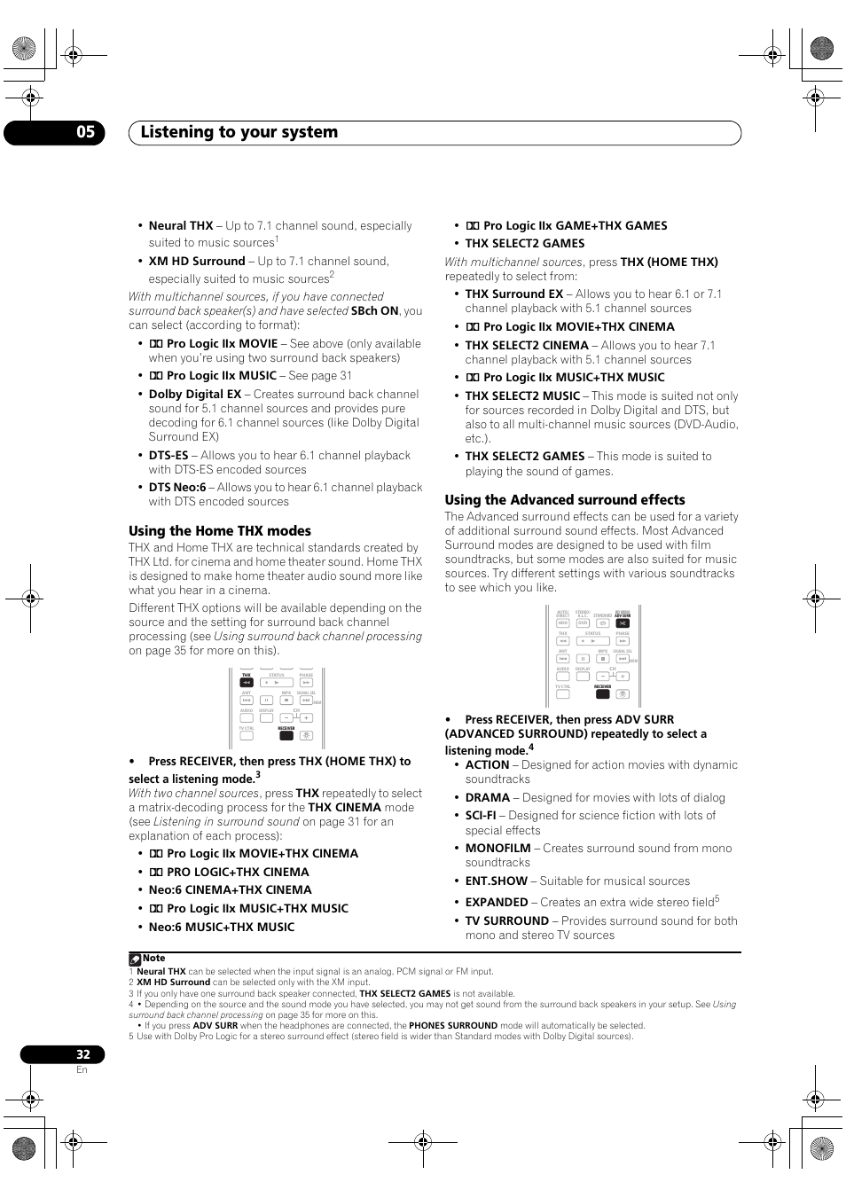 Listening to your system 05, Using the home thx modes, Using the advanced surround effects | Pioneer Elite VSX-03TXH User Manual | Page 32 / 104