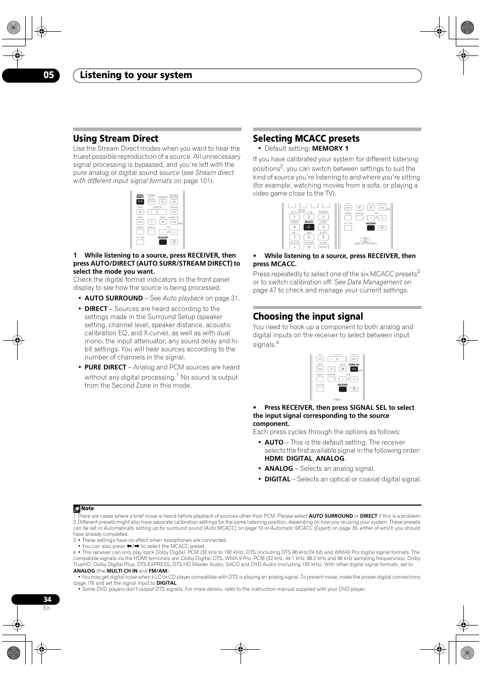 Listening to your system 05, Using stream direct, Selecting mcacc presets | Choosing the input signal | Pioneer Elite VSX-03TXH User Manual | Page 34 / 104