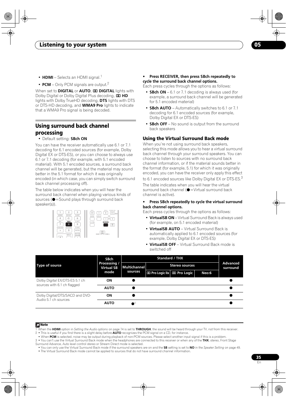 Using surround back channel processing, Using the virtual surround back mode, Listening to your system 05 | Pioneer Elite VSX-03TXH User Manual | Page 35 / 104