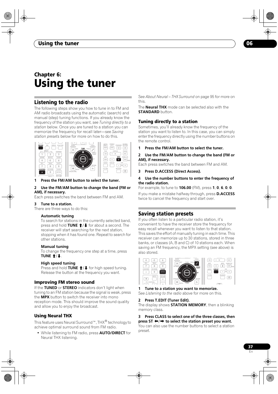 Listening to the radio, Saving station presets, Using the tuner | Using the tuner 06, Chapter 6, Improving fm stereo sound, Using neural thx, Tuning directly to a station, This feature uses neural surround™, thx | Pioneer Elite VSX-03TXH User Manual | Page 37 / 104