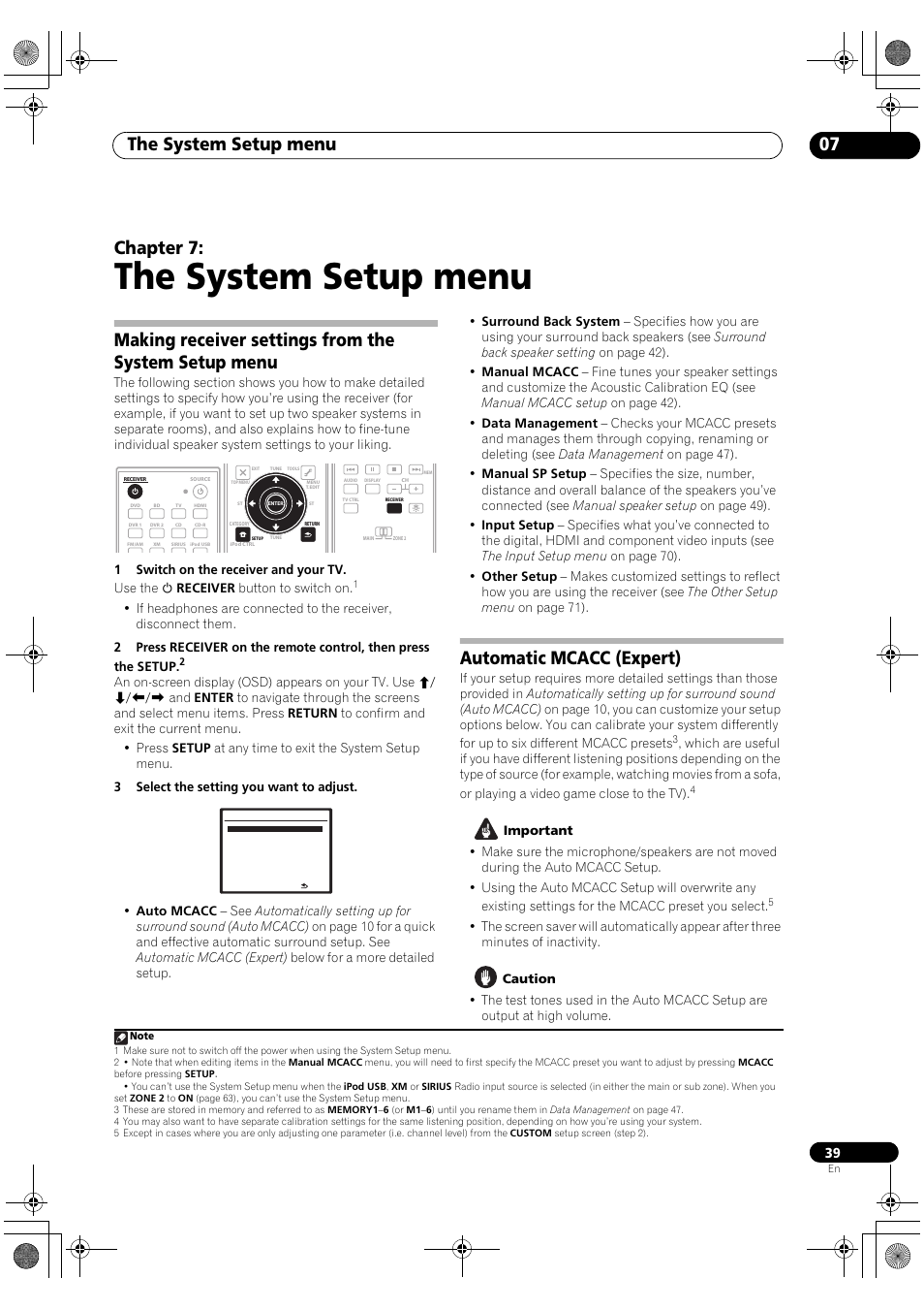The system setup menu, The system setup menu 07, Chapter 7 | Automatic mcacc (expert) | Pioneer Elite VSX-03TXH User Manual | Page 39 / 104