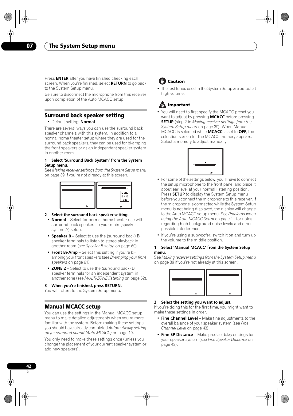 Surround back speaker setting manual mcacc setup, The system setup menu 07, Surround back speaker setting | Manual mcacc setup | Pioneer Elite VSX-03TXH User Manual | Page 42 / 104