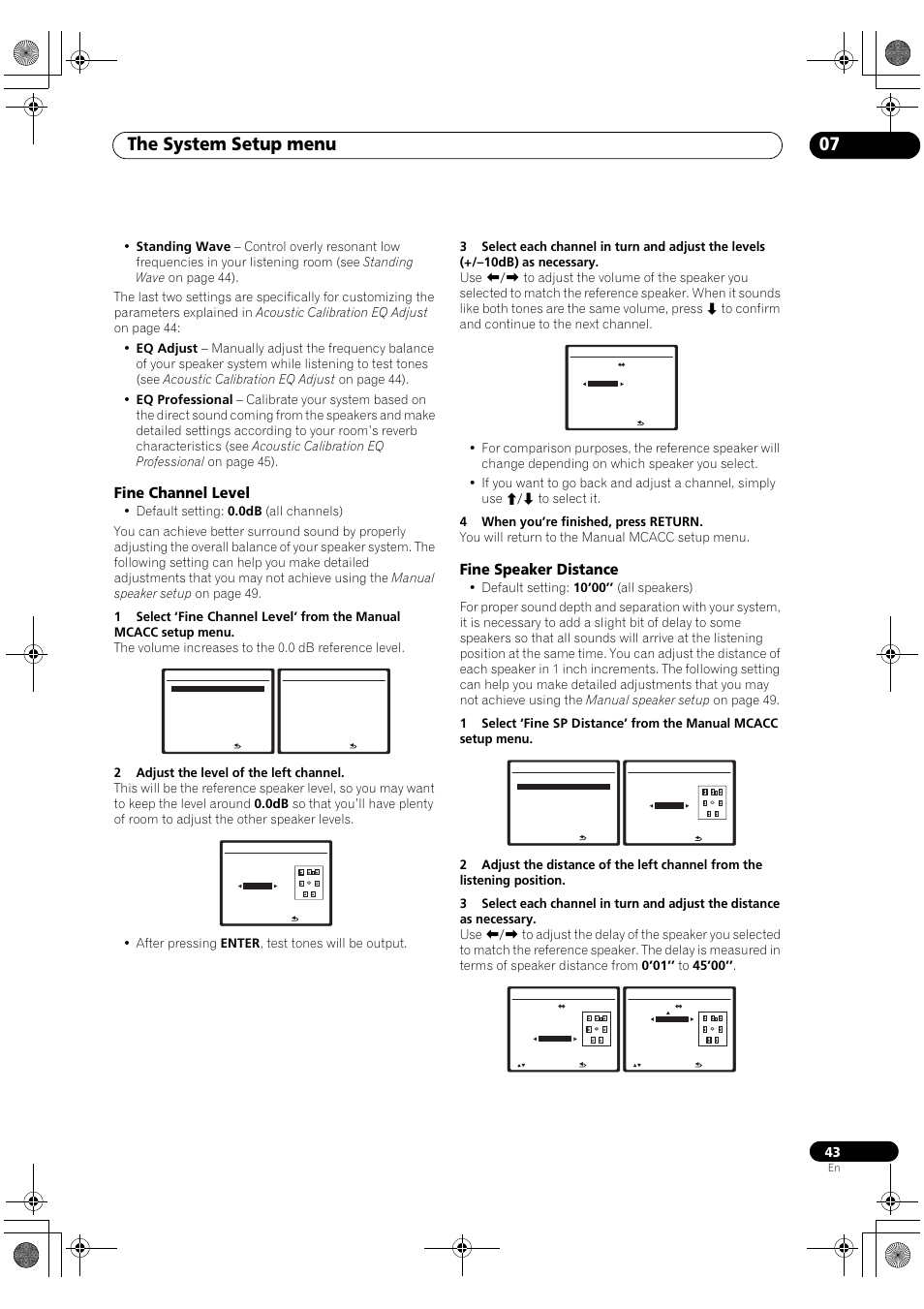 Fine channel level fine speaker distance, The system setup menu 07, Fine channel level | Fine speaker distance | Pioneer Elite VSX-03TXH User Manual | Page 43 / 104