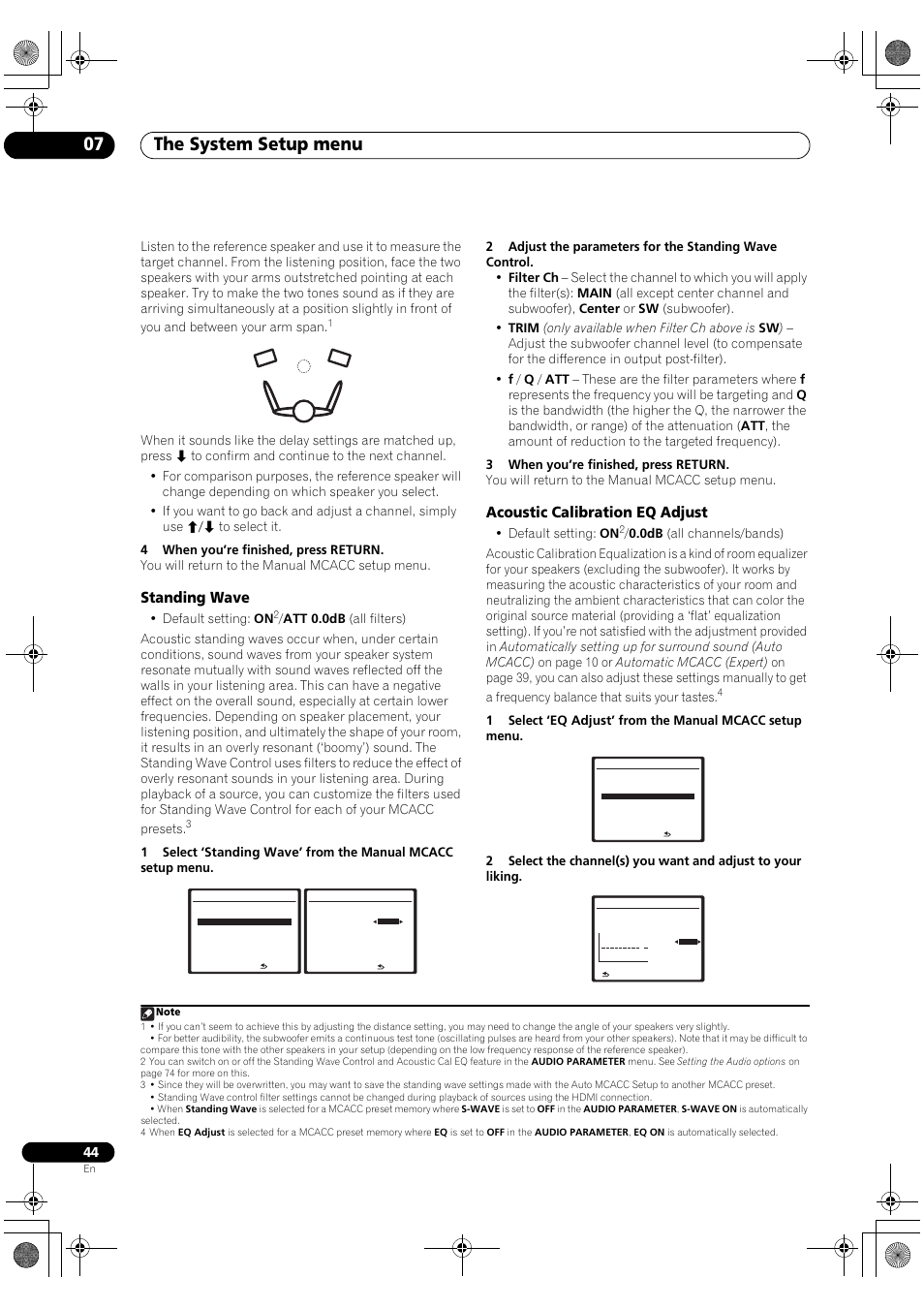 Standing wave acoustic calibration eq adjust, The system setup menu 07, Standing wave | Acoustic calibration eq adjust, Default setting: on | Pioneer Elite VSX-03TXH User Manual | Page 44 / 104