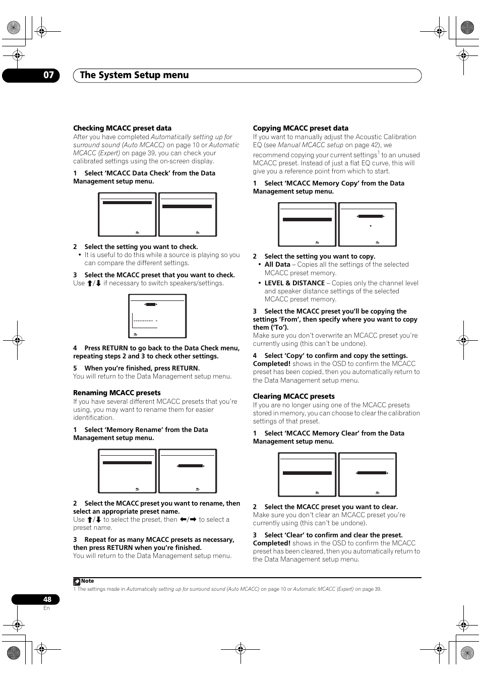 The system setup menu 07, Checking mcacc preset data, Renaming mcacc presets | Copying mcacc preset data, Clearing mcacc presets | Pioneer Elite VSX-03TXH User Manual | Page 48 / 104