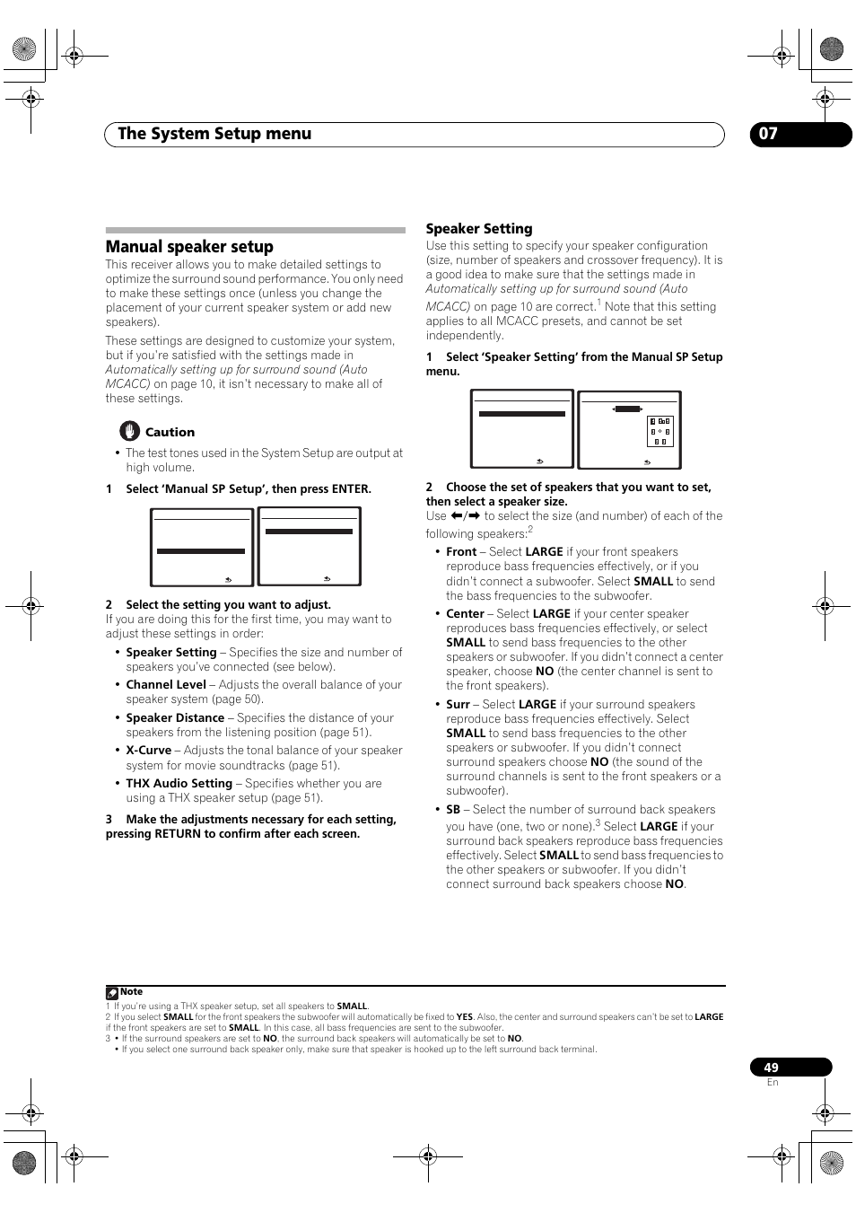 Manual speaker setup, Speaker setting, The system setup menu 07 | Pioneer Elite VSX-03TXH User Manual | Page 49 / 104