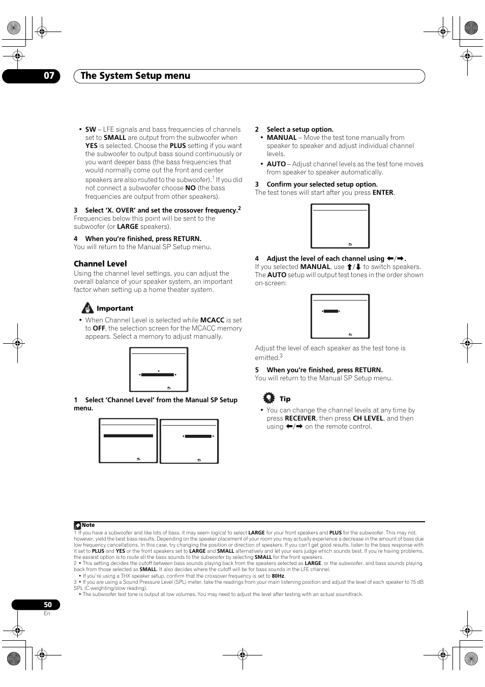 Channel level, The system setup menu 07 | Pioneer Elite VSX-03TXH User Manual | Page 50 / 104