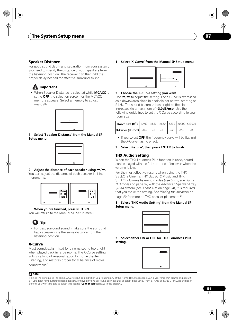 Speaker distance x-curve thx audio setting, The system setup menu 07, Speaker distance | X-curve, Thx audio setting | Pioneer Elite VSX-03TXH User Manual | Page 51 / 104