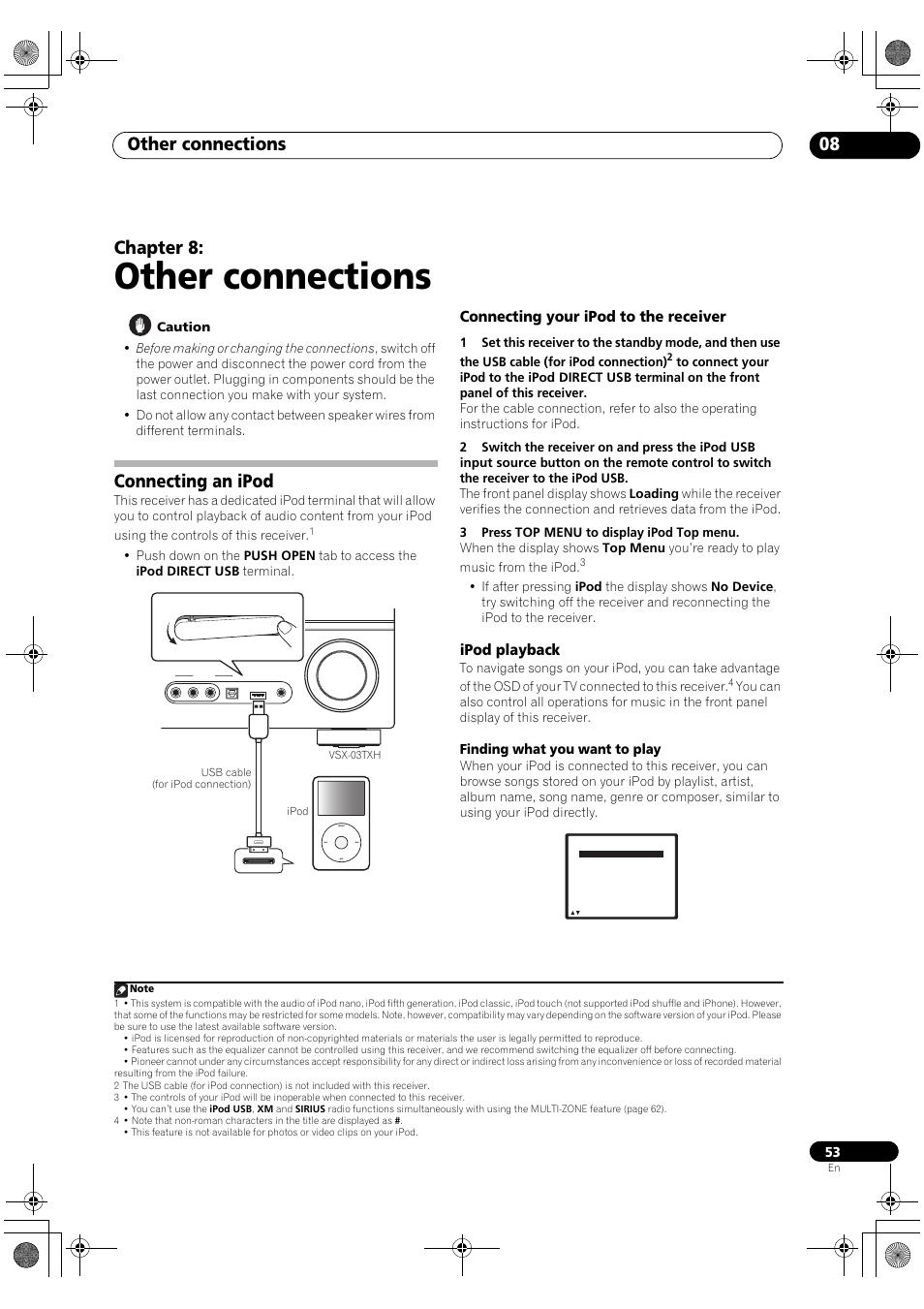 Connecting an ipod, Connecting your ipod to the receiver ipod playback, Other connections | Other connections 08, Chapter 8, Connecting your ipod to the receiver, Ipod playback, Finding what you want to play | Pioneer Elite VSX-03TXH User Manual | Page 53 / 104