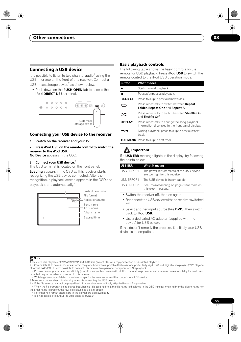 Connecting a usb device, Other connections 08, Connecting your usb device to the receiver | Basic playback controls | Pioneer Elite VSX-03TXH User Manual | Page 55 / 104