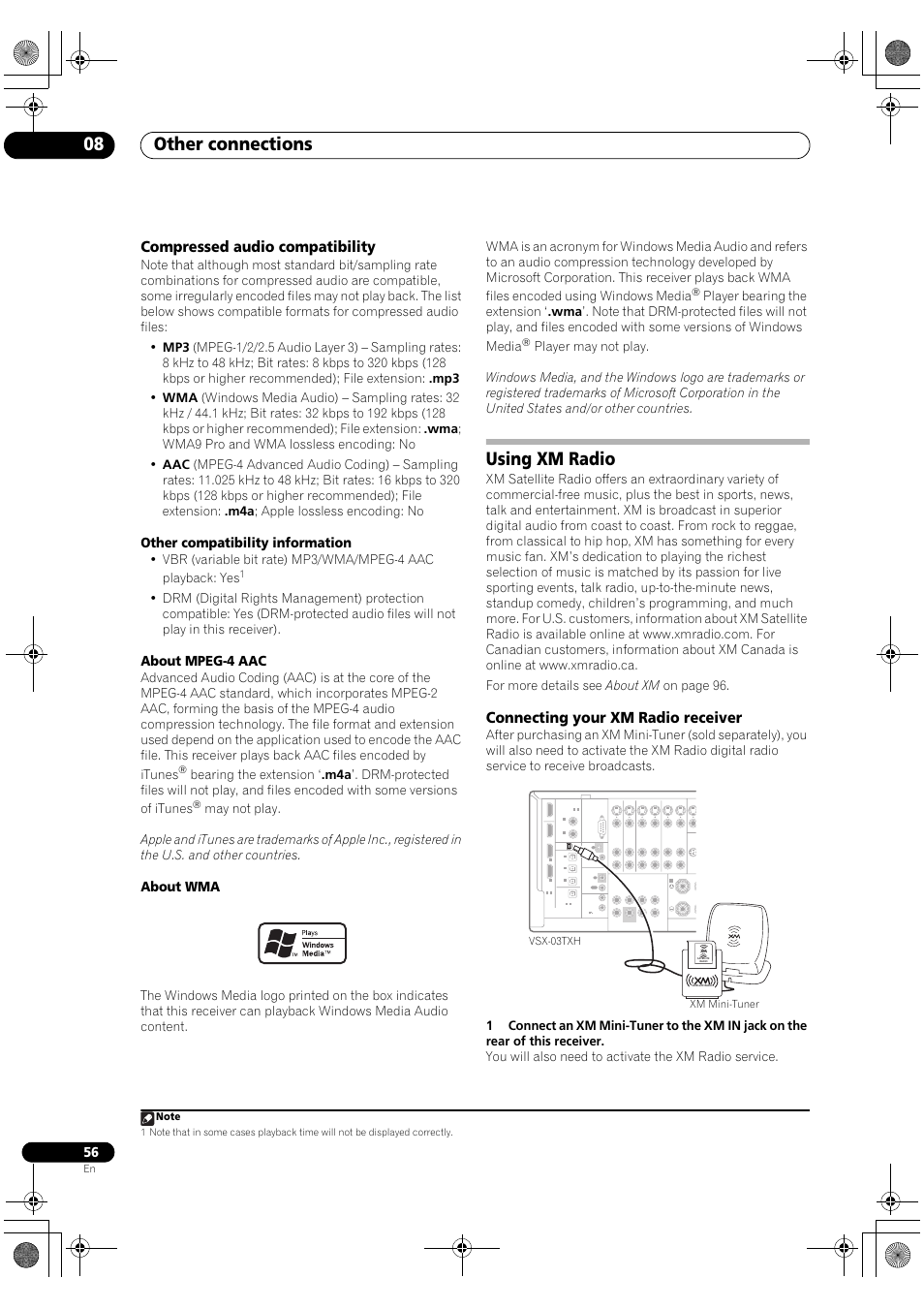 Compressed audio compatibility, Using xm radio, Connecting your xm radio receiver | Other connections 08, Other compatibility information, About mpeg-4 aac, About wma | Pioneer Elite VSX-03TXH User Manual | Page 56 / 104