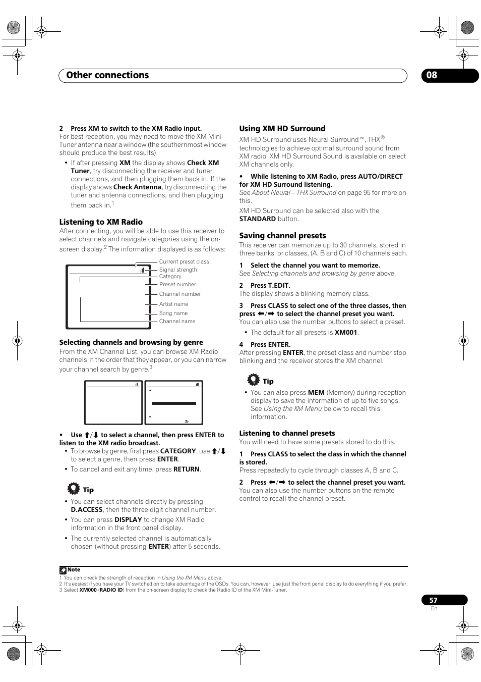 Other connections 08, Listening to xm radio, Using xm hd surround | Saving channel presets | Pioneer Elite VSX-03TXH User Manual | Page 57 / 104
