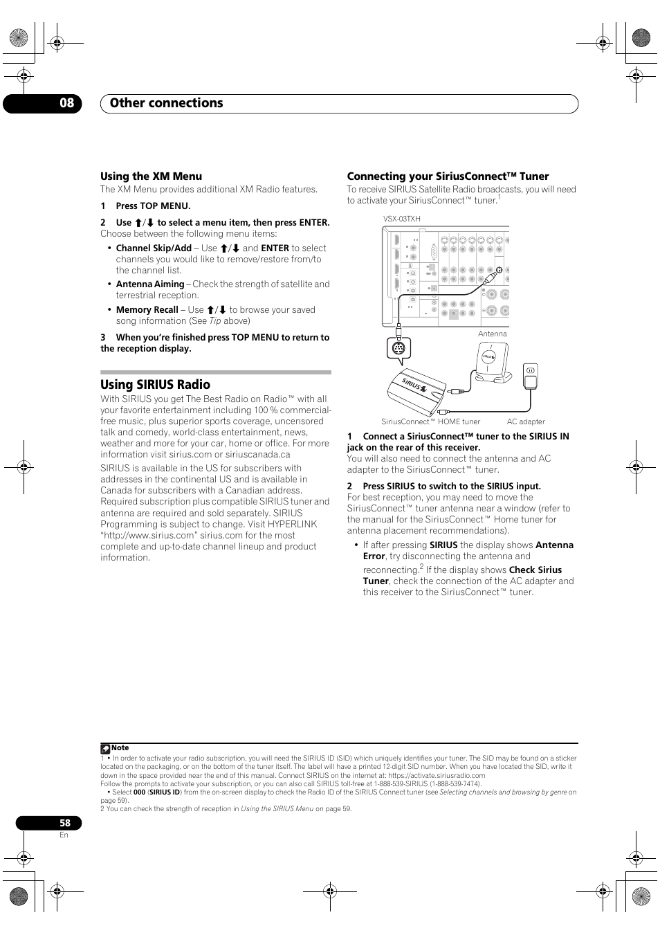 Using the xm menu, Using sirius radio, Connecting your siriusconnect™ tuner | Other connections 08 | Pioneer Elite VSX-03TXH User Manual | Page 58 / 104