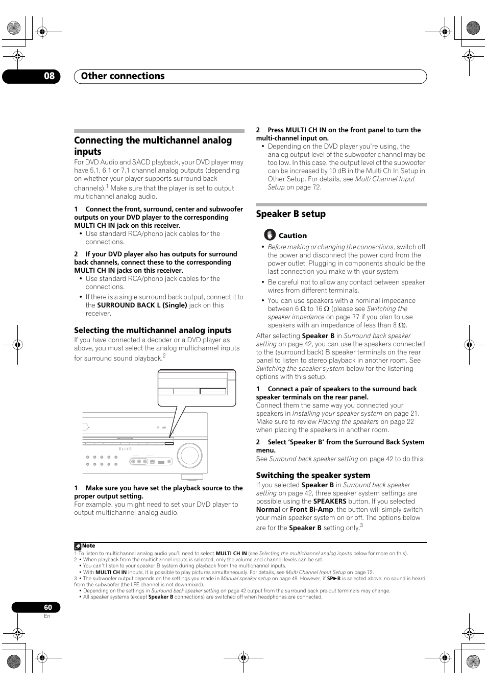 Connecting the multichannel analog inputs, Selecting the multichannel analog inputs, Speaker b setup | Switching the speaker system, Other connections 08 | Pioneer Elite VSX-03TXH User Manual | Page 60 / 104