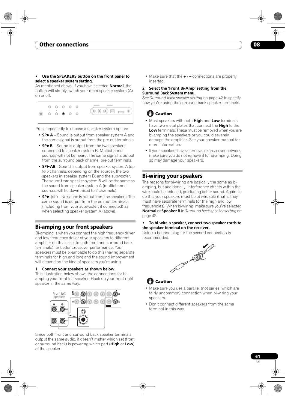 Other connections 08, Bi-amping your front speakers, Bi-wiring your speakers | Pioneer Elite VSX-03TXH User Manual | Page 61 / 104