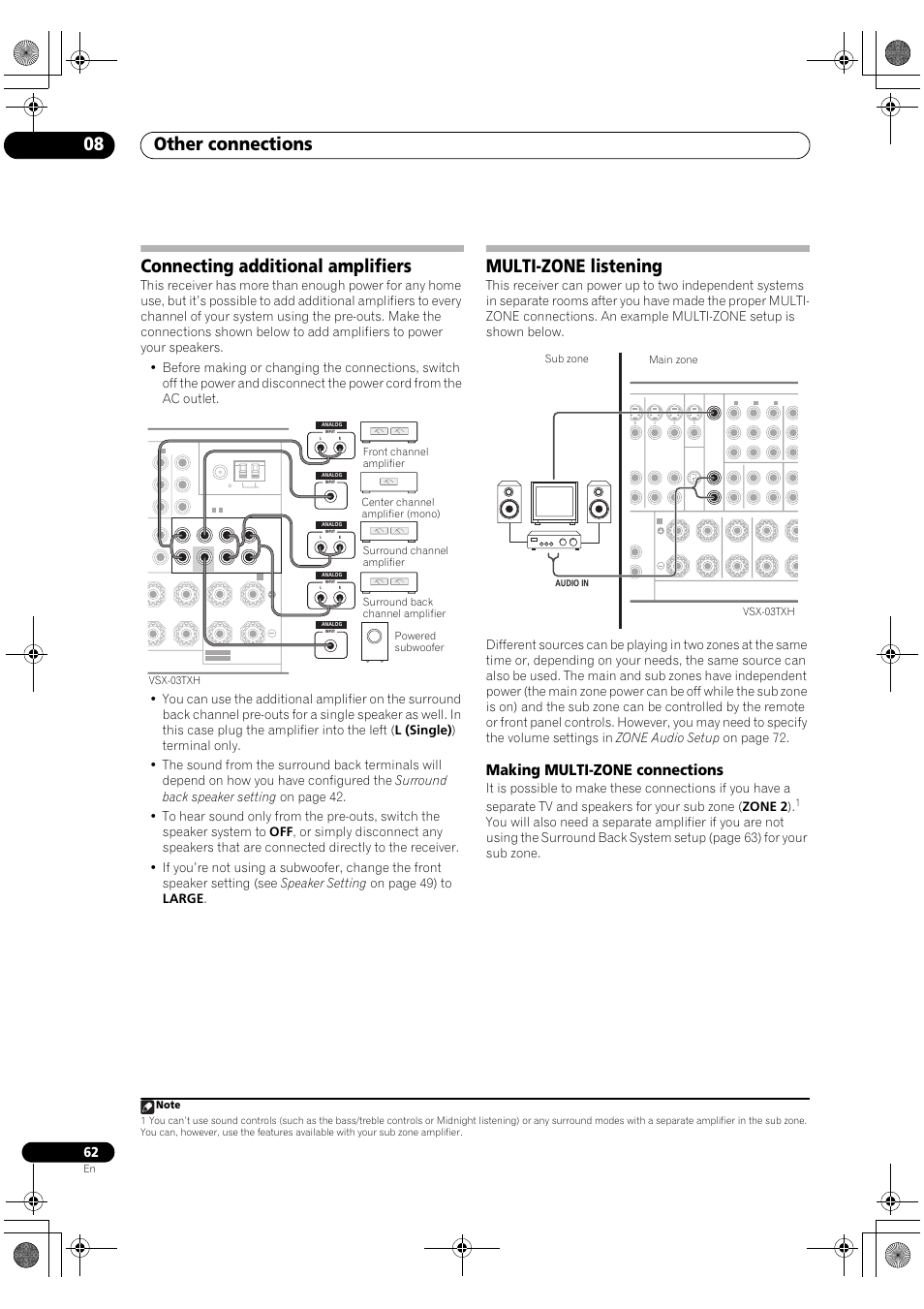 Making multi-zone connections, Other connections 08, Connecting additional amplifiers | Multi-zone listening | Pioneer Elite VSX-03TXH User Manual | Page 62 / 104