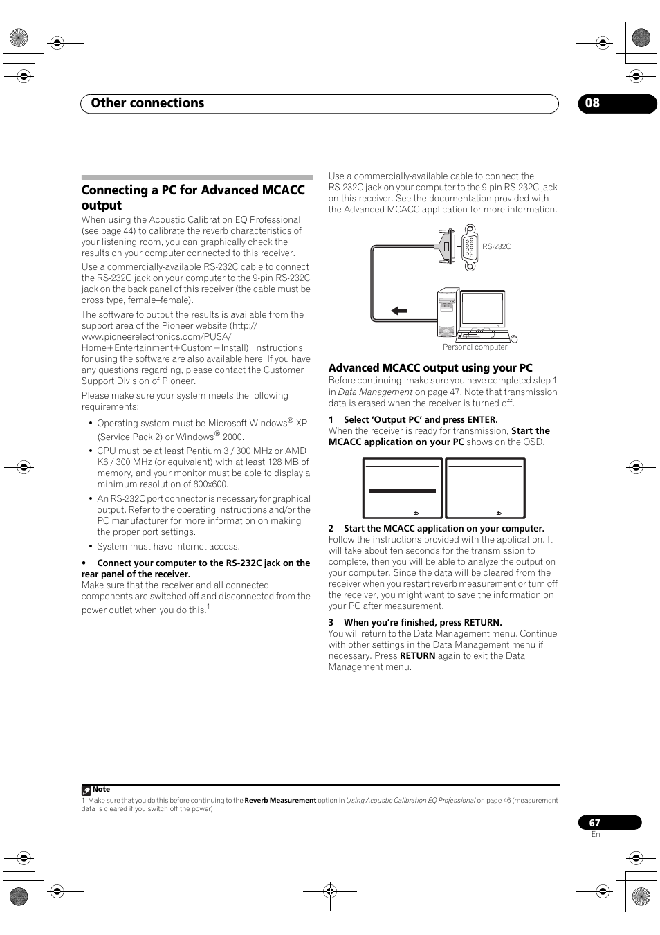 Connecting a pc for advanced mcacc output, Advanced mcacc output using your pc, Other connections 08 | Pioneer Elite VSX-03TXH User Manual | Page 67 / 104